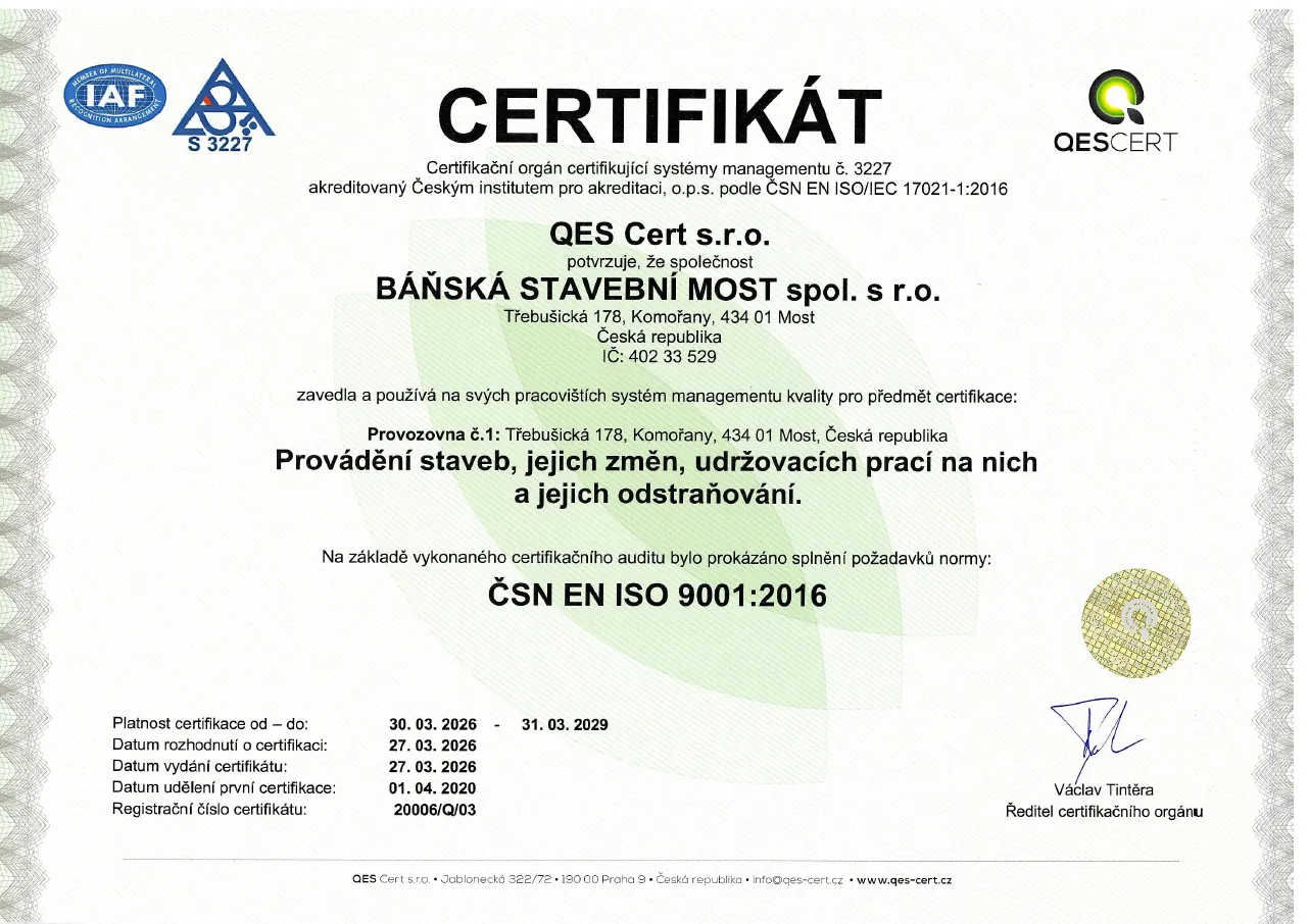 Certifikát ČSN EN ISO 9001:2016 — systém managementu kvality