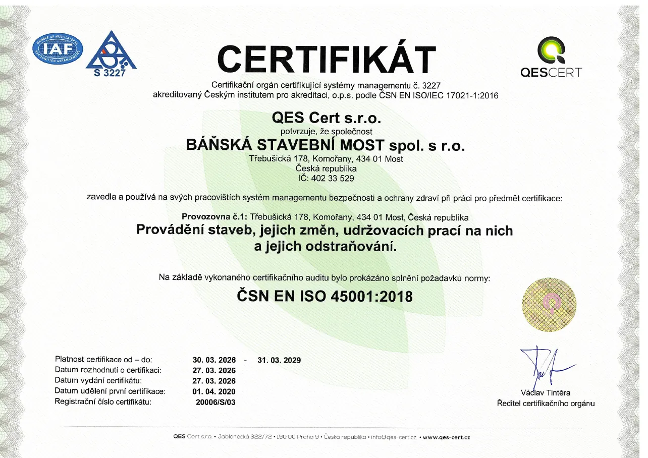 Certifikát ČSN EN ISO 45001:2018 — bezpečnost a ochrana zdraví při práci