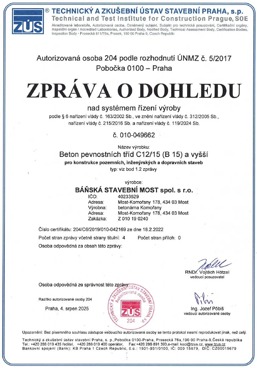Zpráva o dohledu nad systémem řízení výroby betonu