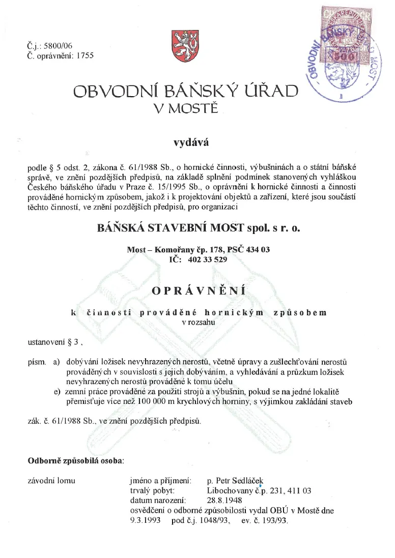 Oprávnění k činnosti prováděné hornickým způsobem