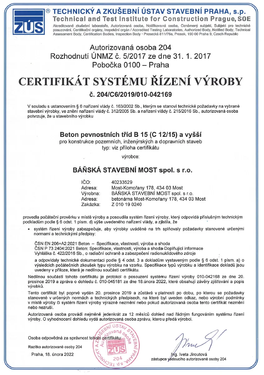 Certifikát systému řízení výroby betonu