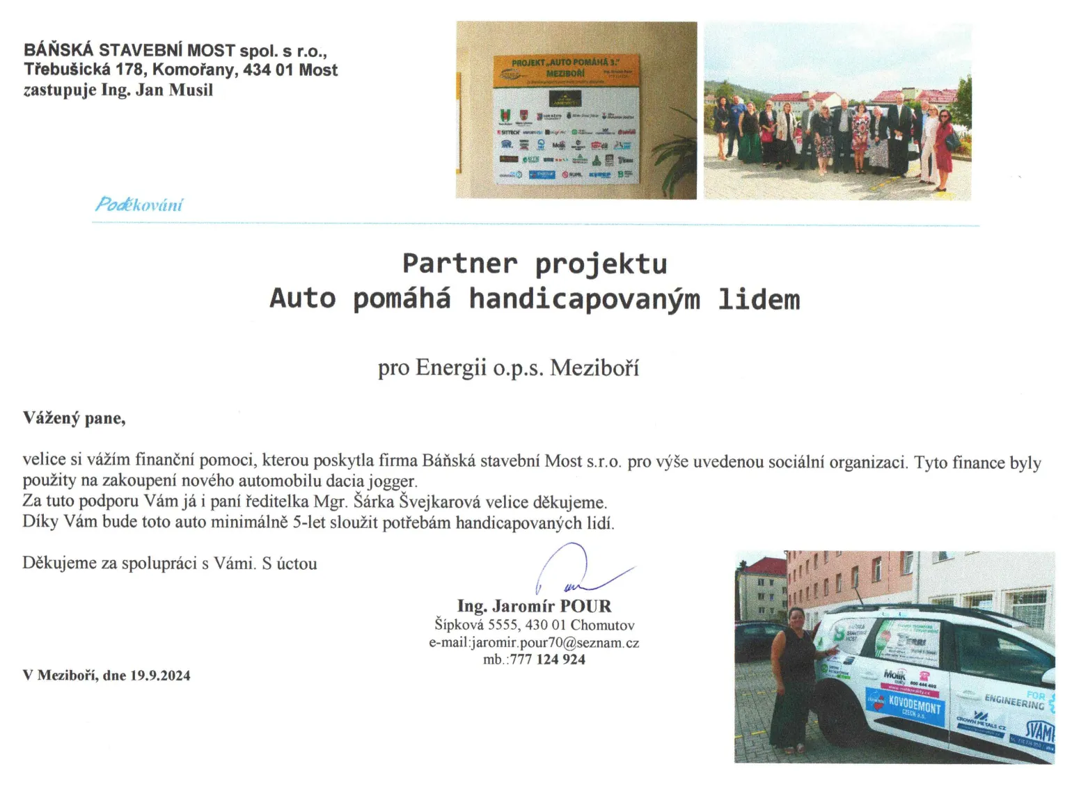 Poděkování za automobil pro Energii o.p.s. Meziboří, předaný v září 2024